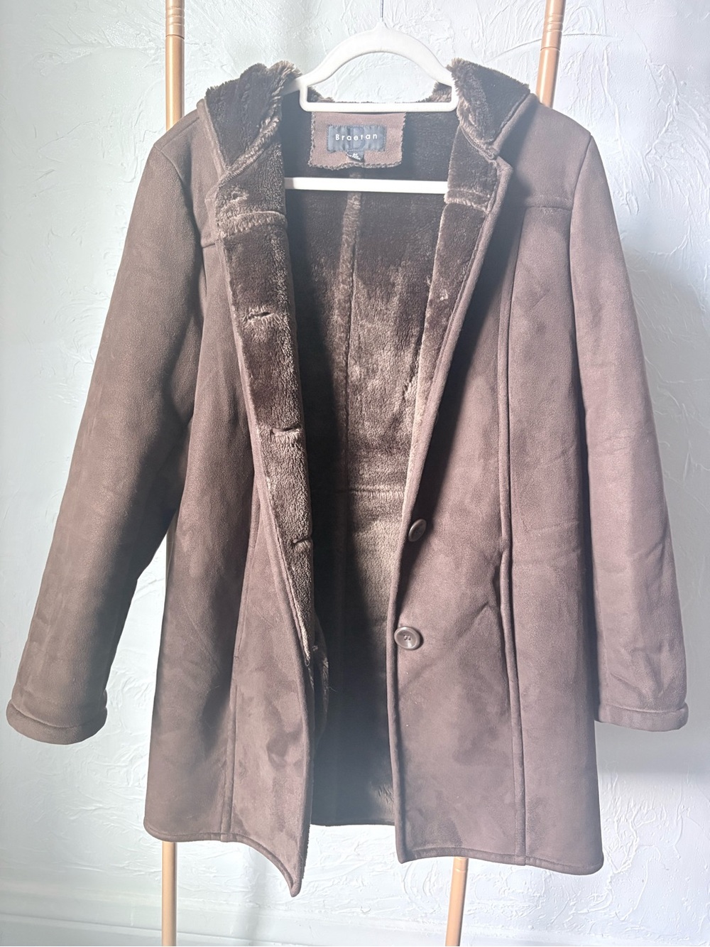 Braetan Brown Faux Suede Sherpa Shearling Hooded Coat Women's M
